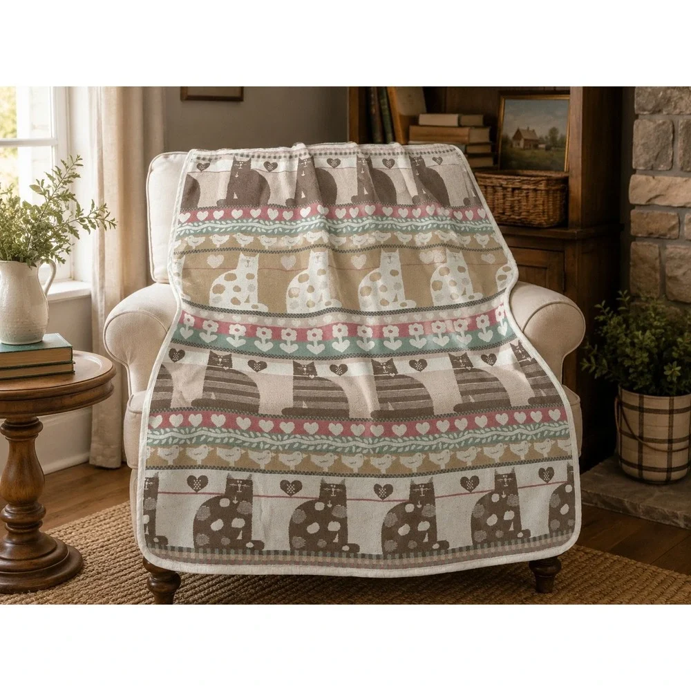 Vintage Cat Afghan Throw Blanket Tan Brown Woven Hearts Birds 53x60